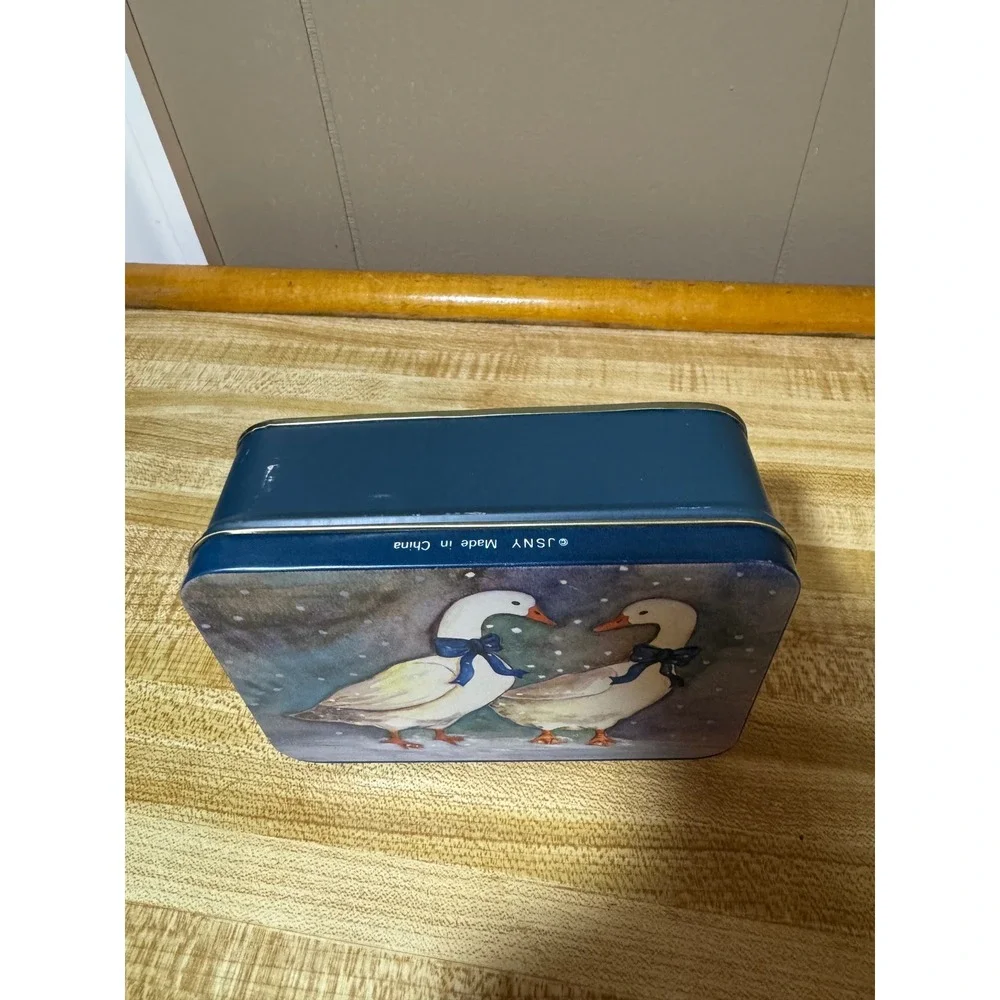 Vintage cottagecore Winter Geese Metal Tin Small Rectangular Storage Box Blue